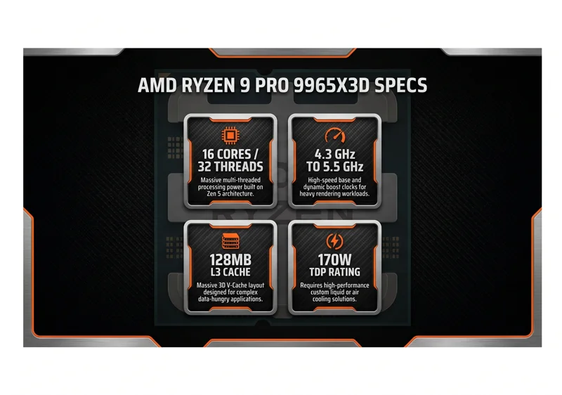A high-tech hardware infographic displaying the technical specifications of the AMD Ryzen 9 PRO 9965X3D processor, highlighting its 16 cores, 32 threads, 5.5 GHz boost clock, 128MB L3 cache, and 170W TDP.