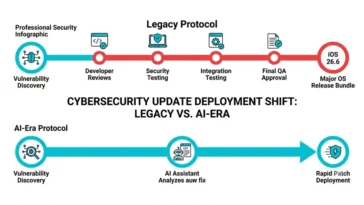 An infographic comparing Apple's legacy bundled software update protocol with its new rapid AI-era deployment strategy.