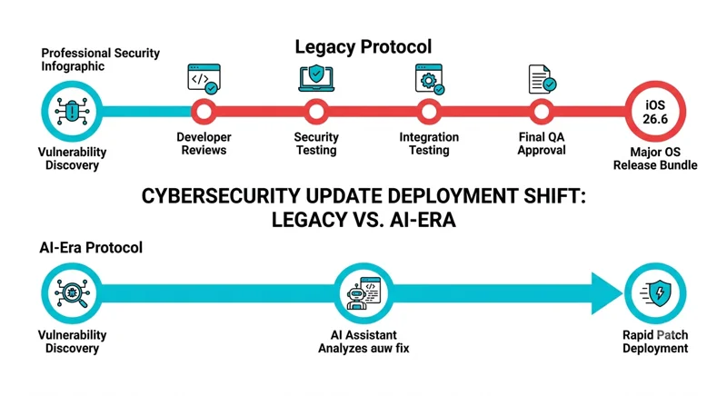 An infographic comparing Apple's legacy bundled software update protocol with its new rapid AI-era deployment strategy.