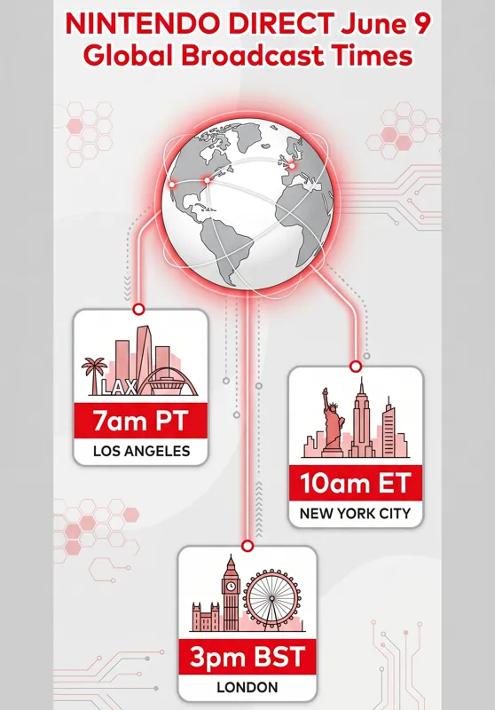 Infographic displaying the global broadcast schedule for the June 9 Nintendo Direct across major US and international time zones.