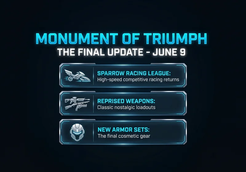 Infographic detailing the Destiny 2 Monument of Triumph final update features, including the Sparrow Racing return, reprised weapons, and new armor sets.