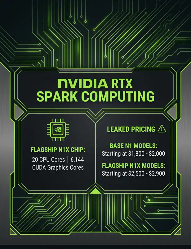 Infographic showing the specifications of Nvidia's flagship RTX Spark N1X chip with 20 CPU cores and 6,144 CUDA cores, paired with leaked starting prices ranging from $1,800 to $2,900.