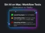 Infographic showing Siri AI workflow automation tests on macOS 27, highlighting successes in launching apps but failures in executing complex third-party app actions.