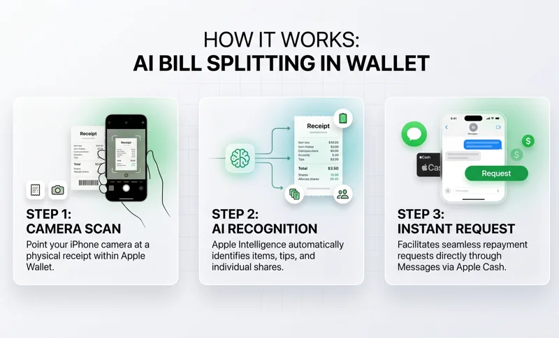 A step-by-step tech infographic explaining the new iOS 27 Apple Wallet bill splitting feature, showing the process from scanning a physical receipt with the iPhone camera to automatic AI calculation and sending payment requests via Apple Cash.