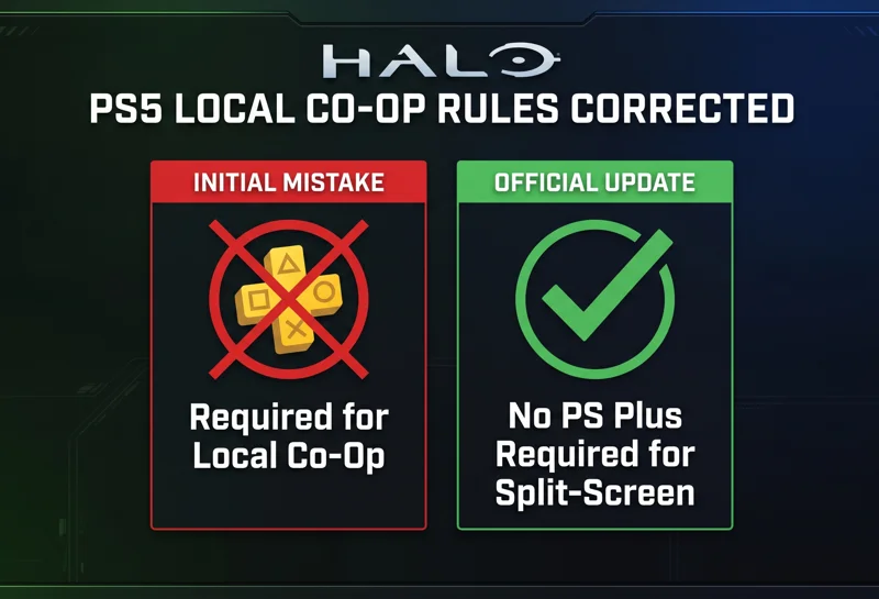 Infographic explaining how Halo Studios backtracked on the PS Plus requirement for local co-op, confirming it was a miscommunication.