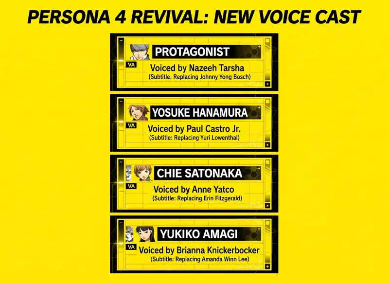 A yellow and black infographic listing the new English voice cast for Persona 4 Revival, featuring Nazeeh Tarsha, Paul Castro Jr., Anne Yatco, and Brianna Knickerbocker replacing the original actors.