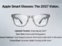 Infographic detailing the delayed late 2027 release timeline, multimodal AI integration, and hardware features like oval-shaped cameras for Apple's upcoming smart glasses.