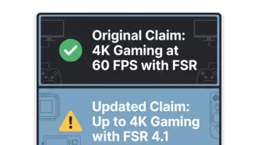 An infographic showing the text change on the official Valve storefront, swapping the original 4K 60FPS claim with up to 4K gaming with FSR 4.1.