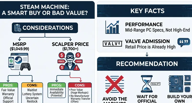 A flowchart evaluating whether buying a Steam Machine is a smart investment or a bad value, outlining the pros and cons of purchasing at the official MSRP versus the inflated scalper prices.