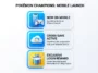 A bright infographic detailing the Pokémon Champions mobile launch on iOS and Android, highlighting cross-save support with the Nintendo Switch and the free Raichu login rewards.