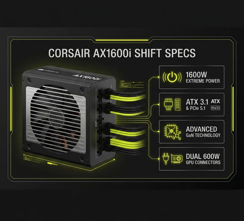 Infographic showcasing the key technical specifications of the Corsair AX1600i SHIFT power supply, highlighting its 1600W output, ATX 3.1 support, and GaN technology.