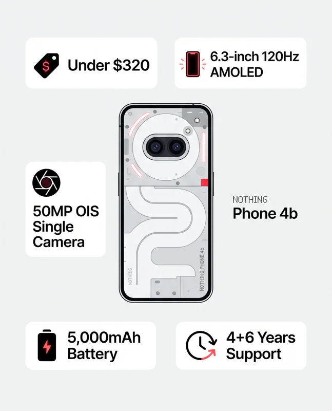 Infographic detailing the specifications of the Nothing Phone 4b, showcasing its 6.3-inch 120Hz display, 50MP OIS camera, 5000mAh battery, and a price tag of under $320.
