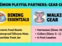 An infographic detailing the Pokémon Playful Partners dining and walking gear, including ceramic bowls, Munchlax treat jars, and sizing for harnesses and collars.
