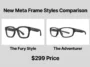 Infographic comparing the new Meta display-free smart glasses frame designs, showcasing the chunky Fury style and the compact Adventurer style.
