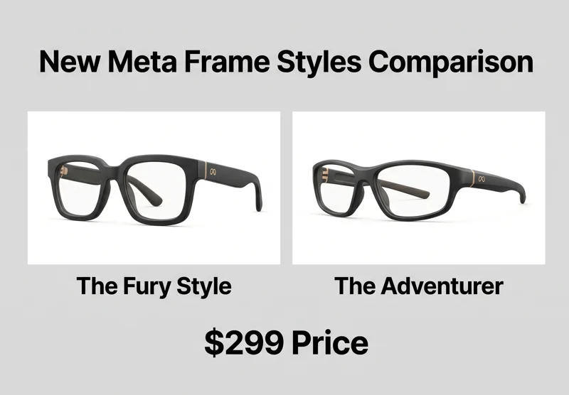 Infographic comparing the new Meta display-free smart glasses frame designs, showcasing the chunky Fury style and the compact Adventurer style.