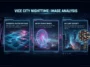 A detailed gaming infographic breaking down the visual elements of the new GTA 6 screenshot in Vice City at night, highlighting the harbor water physics, the neon Ferris wheel light diffusion, and the skyscraper skyline density.