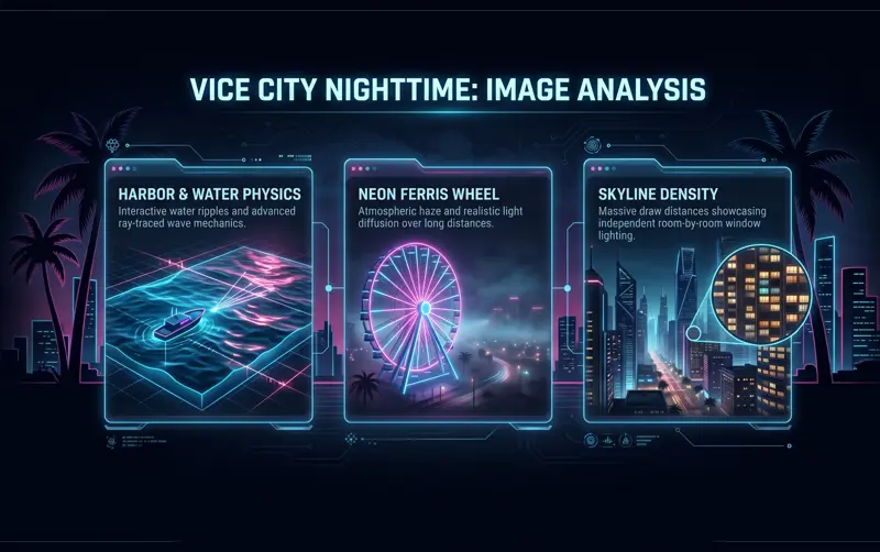 A detailed gaming infographic breaking down the visual elements of the new GTA 6 screenshot in Vice City at night, highlighting the harbor water physics, the neon Ferris wheel light diffusion, and the skyscraper skyline density.