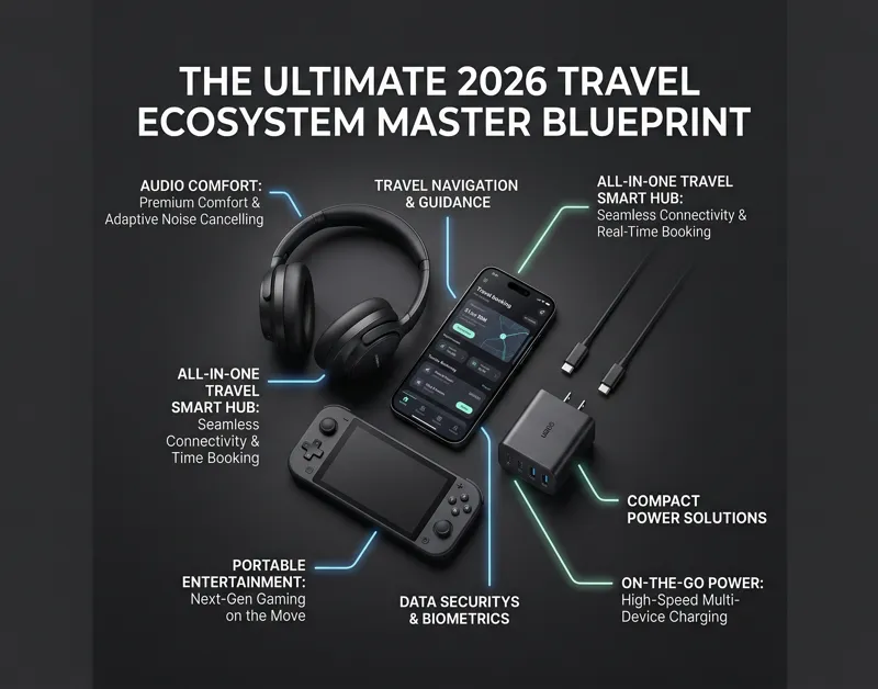 A tech infographic flat-lay illustrating essential travel gear including premium noise-canceling headphones, a smartphone, a handheld console, and power accessories.