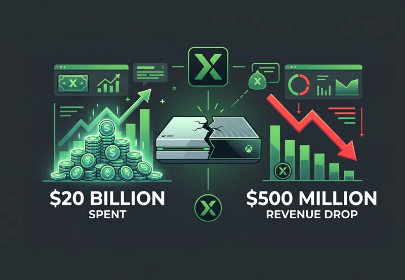 Infographic showing the financial paradox of Microsoft's gaming division, contrasting a 20 billion dollar spend against a 500 million dollar annual revenue drop.