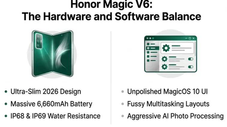 An infographic balancing the premium hardware pros like the 6,660mAh battery and IP69 rating against the MagicOS 10 software cons of the Honor Magic V6.