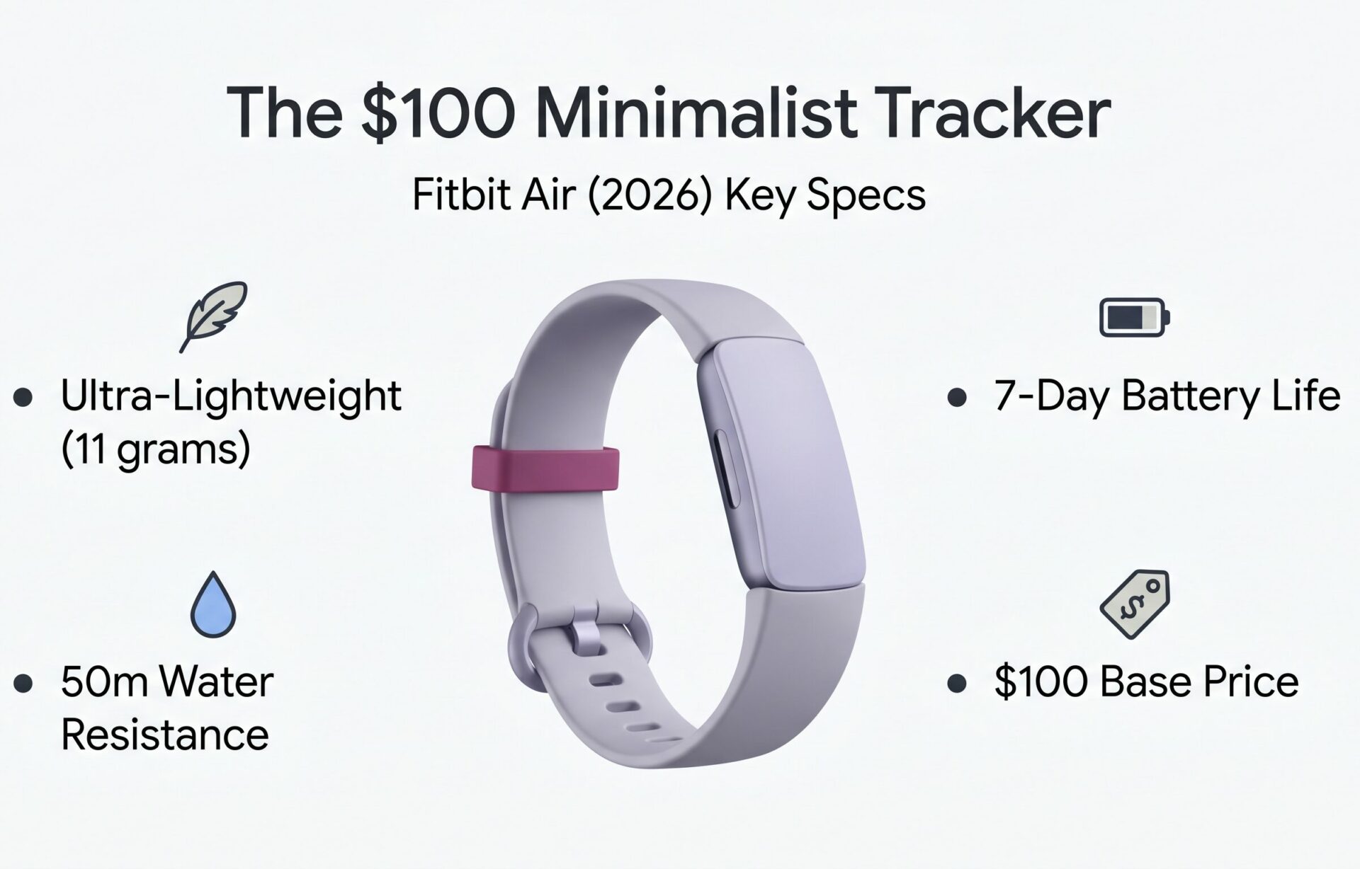 Infographic showing the key hardware specifications of the 2026 Fitbit Air, including its 11-gram weight, 7-day battery life, 50-meter water resistance, and $100 base price.
