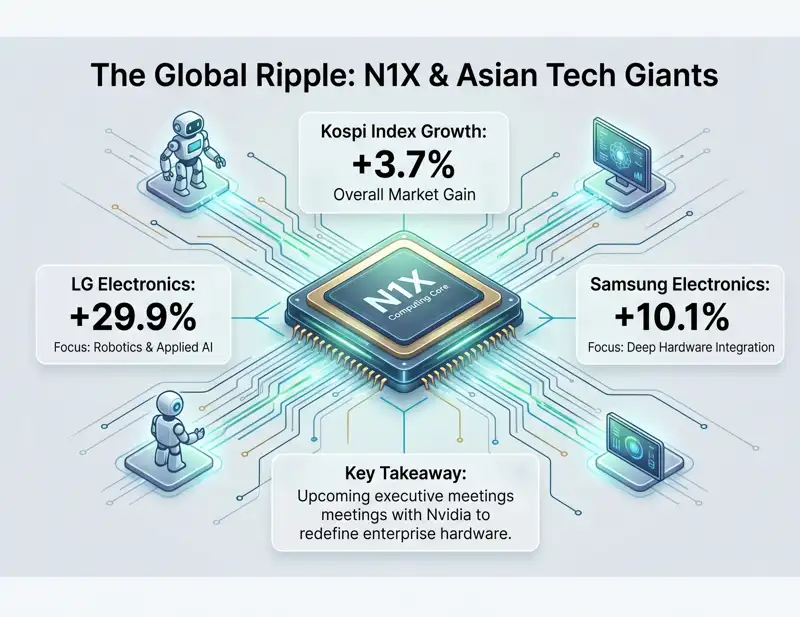 Infographic illustrating the massive Kospi index stock gains for South Korean tech giants Samsung and LG following the Nvidia N1X hardware announcement.