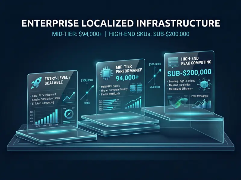 Infographic explaining the estimated pricing tiers for the HP Nvidia GB300 enterprise deskside supercomputer, ranging from 94,000 dollars for mid-range models to nearly 200,000 dollars for high-end SKUs.