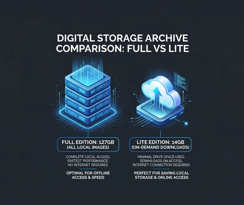Infographic comparing the 127GB Full Edition of the Virtual OS Museum with the 14GB Lite Edition designed for on-demand retro OS emulation.