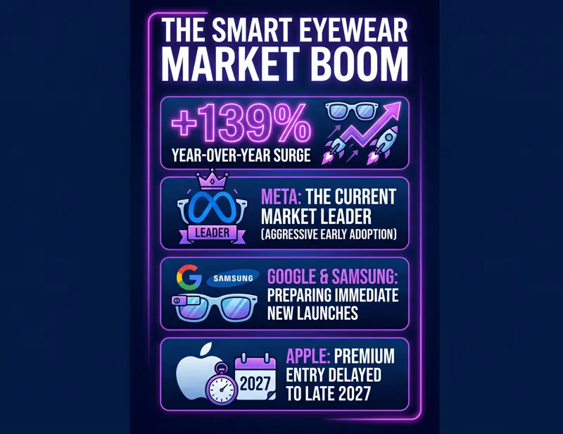 Infographic showing the 139 percent year-over-year growth in the smart glasses market and comparing the wearable tech strategies of Apple, Meta, Google, and Samsung.