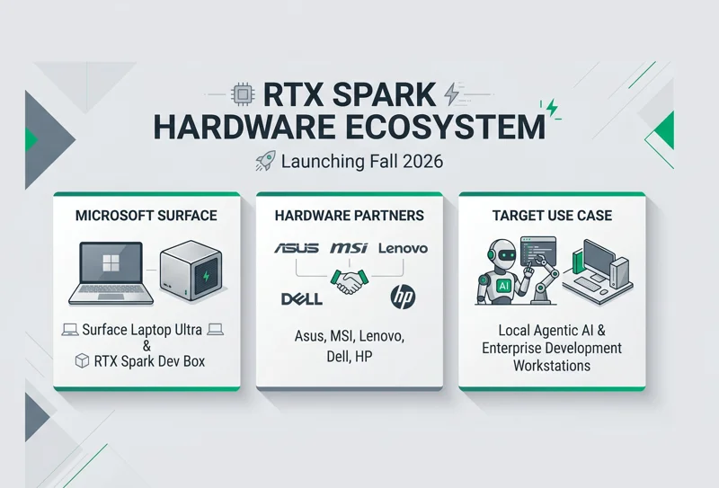 Infographic listing official hardware partners for Nvidia's RTX Spark rollout, including Microsoft Surface Laptop Ultra, Asus, MSI, Lenovo, Dell, and HP, targeting a Fall 2026 launch.