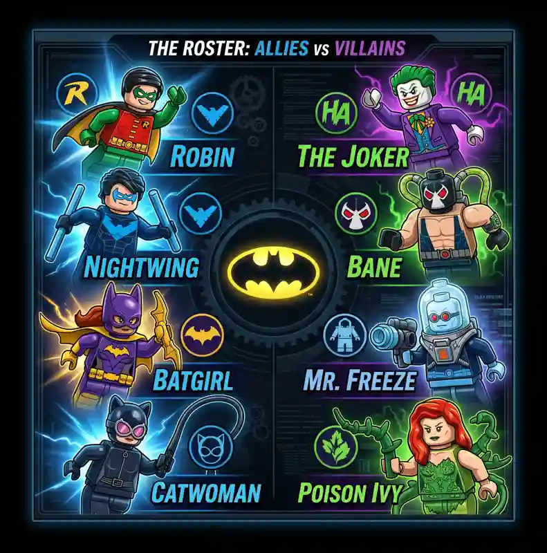 Infographic showcasing the character roster in LEGO Batman: Legacy of the Dark Knight, comparing allies like Robin and Batgirl against villains like The Joker and Bane.