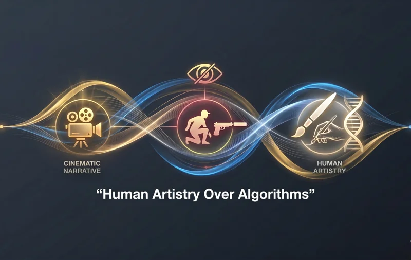 Infographic highlighting Hideo Kojima's human-led creative approach for his upcoming video games, including Death Stranding 2 and Physint.