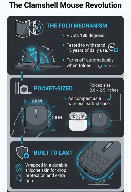 Infographic illustrating the folding clamshell mechanism, compact dimensions, and protective silicone grip of the Logitech Mobi Fold travel mouse.
