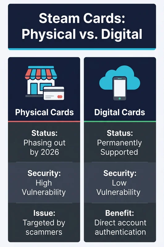 Comparison chart showing the security benefits of digital Steam gift cards over vulnerable physical retail cards.