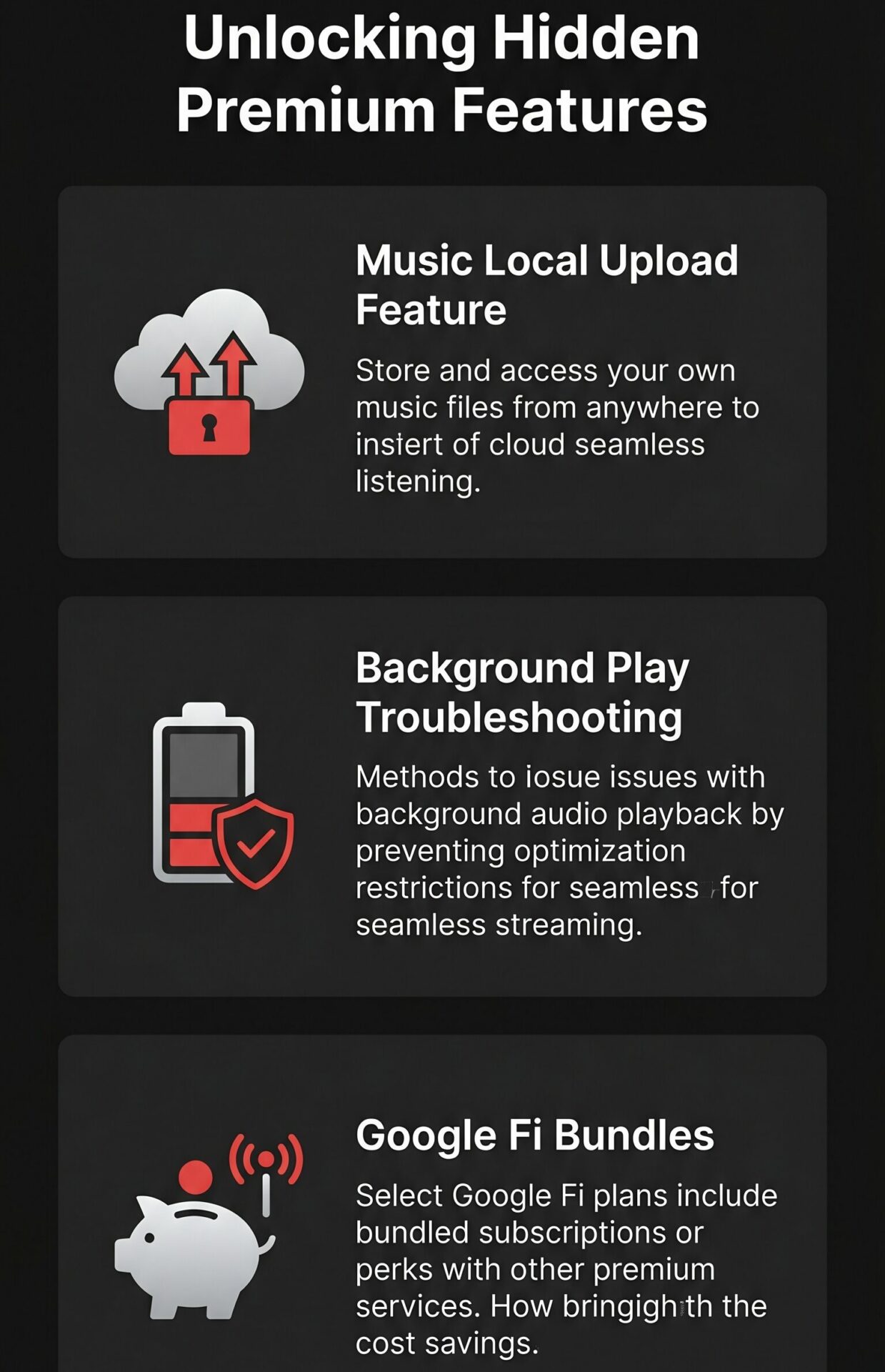 Infographic displaying hidden YouTube Premium hacks, including Google Fi carrier bundles, background play troubleshooting, and YouTube Music local uploads.