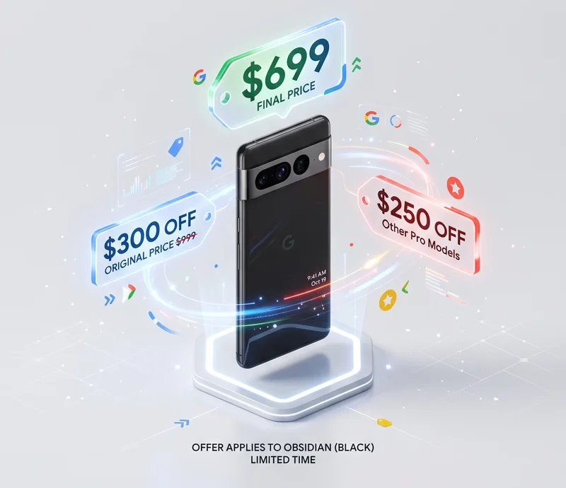 3D infographic showing a black Pixel 10 Pro smartphone with holographic price tags highlighting a massive 300 dollar discount and a 699 dollar final price.