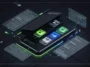 A 3D render of an Android smartphone showing rival app store interfaces seamlessly integrated inside the main Google Play storefront.