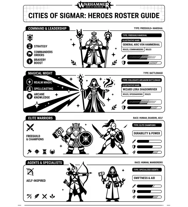 A clean, black and white infographic detailing the new Cities of Sigmar Warhammer Heroes roster, highlighting the six known characters and the secret seventh mystery figure found in the blind boxes.