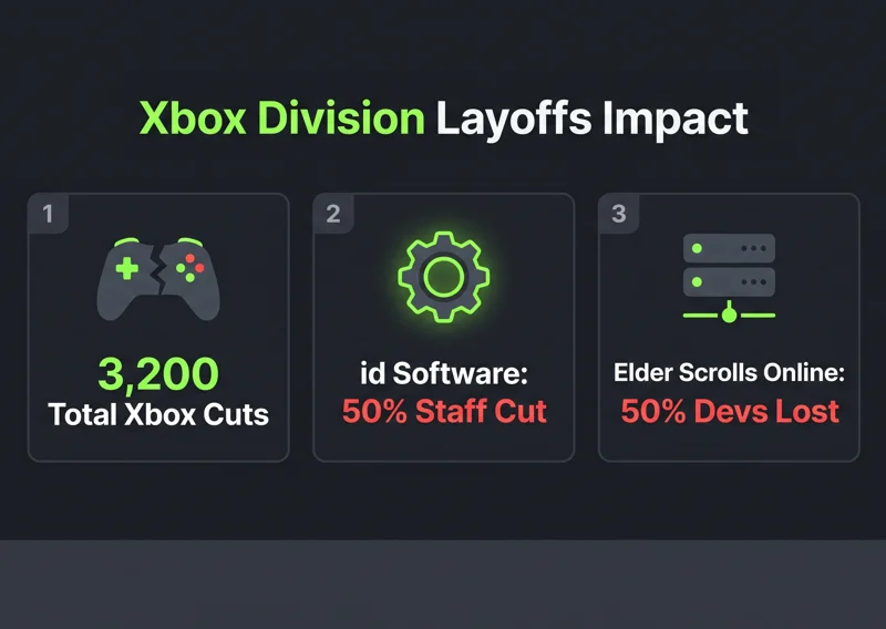 Infographic detailing the massive Microsoft layoffs, highlighting the 3,200 total Xbox cuts, a 50% staff reduction at id Software, and major developer losses for The Elder Scrolls Online.