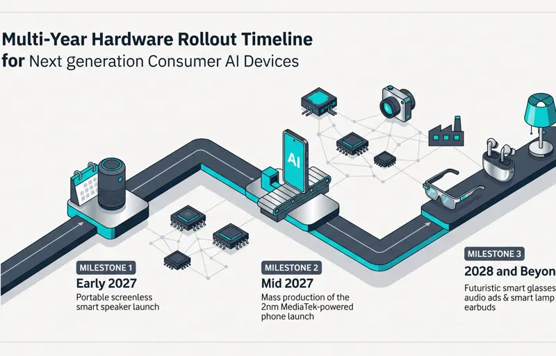 Infographic illustrating the hardware specifications of OpenAI's first devices, featuring a portable screenless smart speaker and a revolutionary app-free AI smartphone.