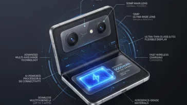 Infographic displaying the leaked design upgrades for the Samsung Galaxy Z Fold 8 and Z Flip 8 foldables in 2026.