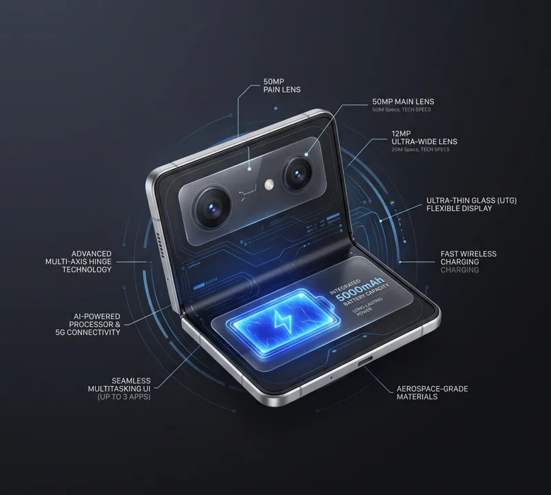 Infographic displaying the leaked design upgrades for the Samsung Galaxy Z Fold 8 and Z Flip 8 foldables in 2026.