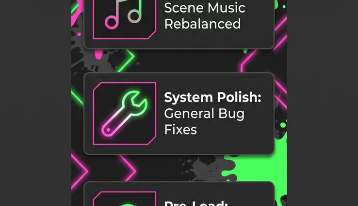 Infographic detailing the Splatoon Raiders version 1.1.0 day-one patch, highlighting audio tweaks, general bug fixes, and pre-load availability.