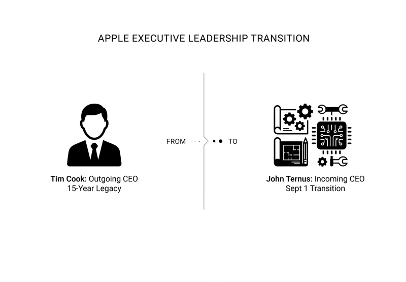 Black and white infographic showing the Apple CEO transition from outgoing executive Tim Cook after 15 years to incoming hardware engineer John Ternus on September 1.