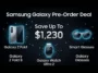 Infographic showing the Samsung Galaxy Z Fold 8, Galaxy Watch Ultra 2, and Galaxy Glasses with a promotion to save up to $1,230 ahead of the July Unpacked event.