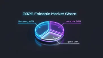 Infographic chart displaying 2026 foldable smartphone market share projections: Samsung at 40%, Motorola at 32%, and Apple at 28%.