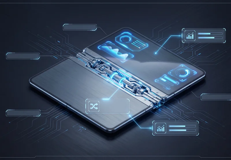 3D render of a fully unfolded Samsung Galaxy Z Fold 8 showing a perfectly flat screen with zero crease and the new Flex Titanium hinge structure.