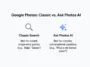 Infographic comparing Google Photos Classic Search for simple, single-word queries with Ask Photos AI for complex, conversational questions.