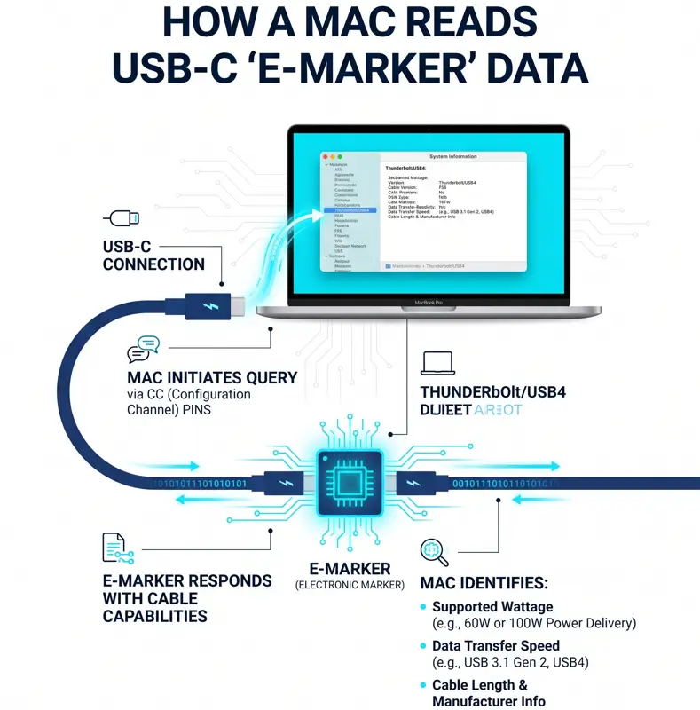 Illustration showing how the WhatCable USB C cable tester app on Mac reads hidden e-marker data from a connected cord.
