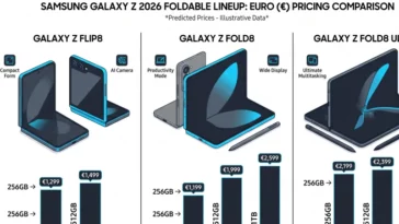 An infographic chart showing the leaked prices for the Samsung Galaxy Z Fold8 Ultra, standard Fold8, and Galaxy Z Flip8 across 256GB, 512GB, and 1TB storage tiers.